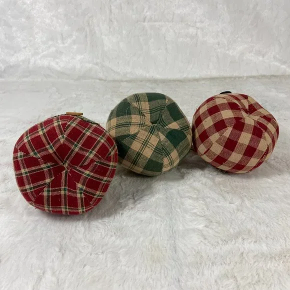 Plaid Gingham country fabric Apples set of 3 Farmhouse Fall Country Check Ornies - Picture 3 of 6
